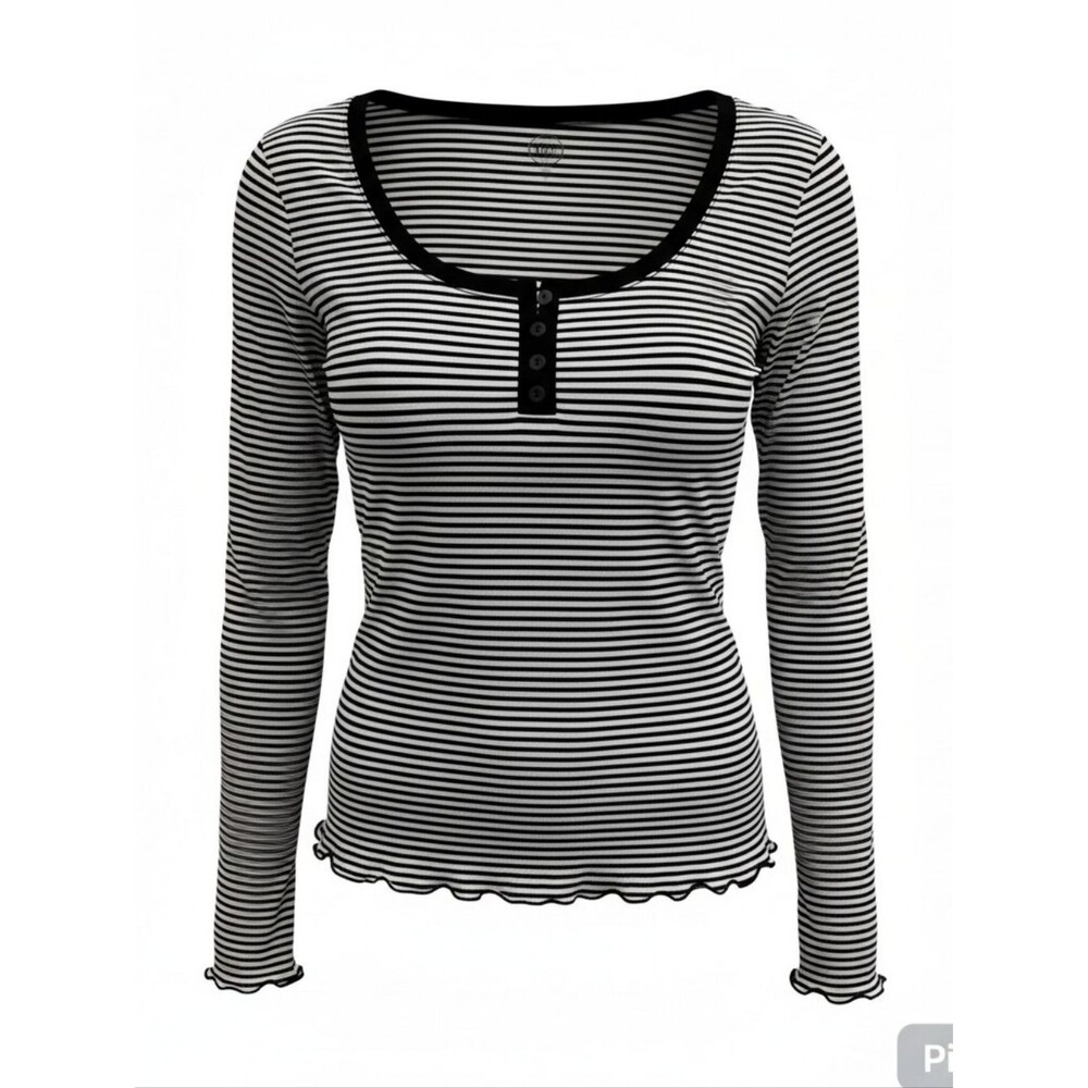 SO Black White Striped Henley Top XS Long Sleeve Lettuce Hem Y2K Fitted Stretch